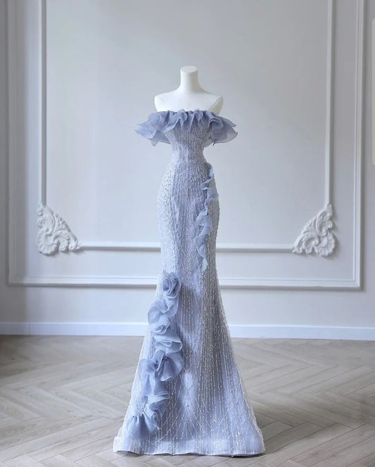Mermaid Strapless Blue Sequin Prom Dresses Evening Dress S6909