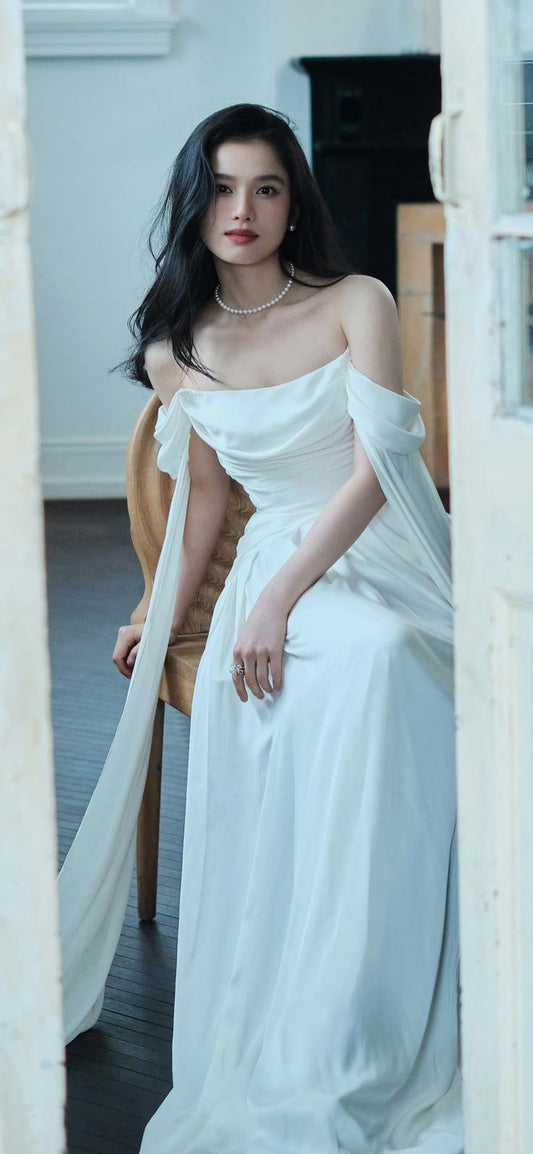 Off Shoulder White Long Evening Gowns Sexy Prom Party Dresses S6924