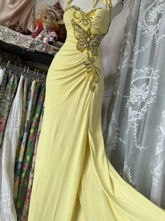Vintage Yellow Beaded Sweetheart Prom Dress Embroidery Evening Dress Long Mermaid Halter-neck Formal Dress TP4620