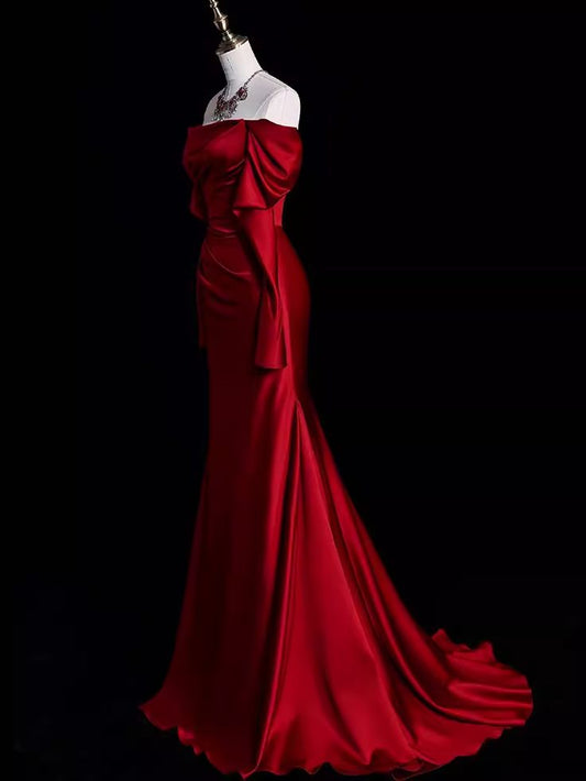 Mermaid Off The Shoulder Burgundy Long Satin Prom Dresses S6911