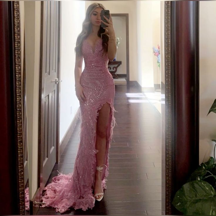 formal mermaid pink sparkly feather dress Pink Prom Dress S5223