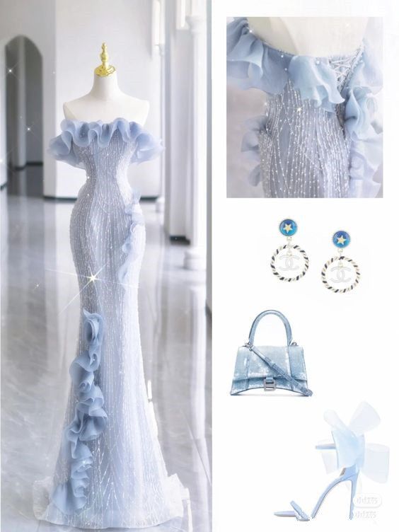 Mermaid Strapless Blue Sequin Prom Dresses Evening Dress S6909