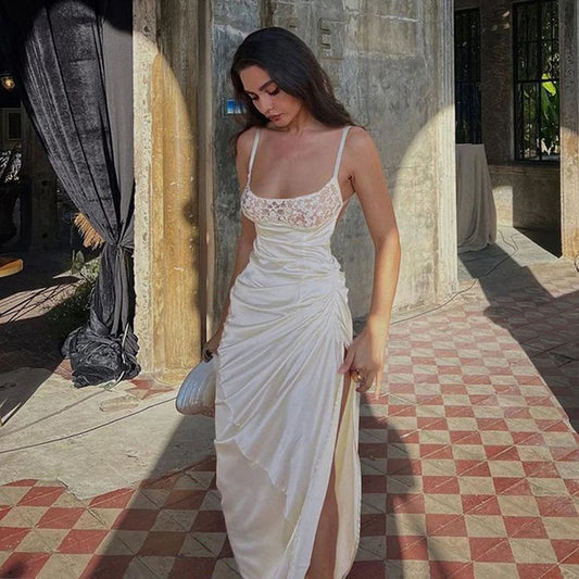 Sexy Lace Patchwork Satin Strap Dress Chic Pleated High Slit Bodycon Long Dress S6867