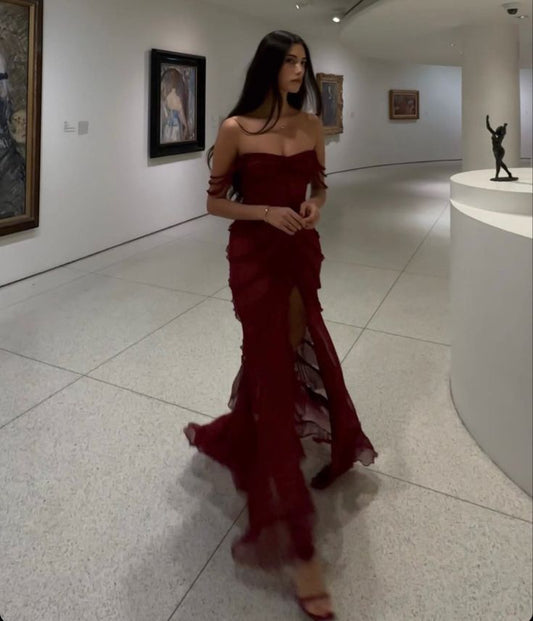 Wine Red Off Shoulder Straps Multi-layered Ruffles Long Prom Dress S6786