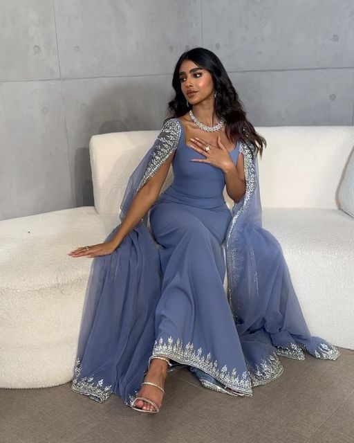 Cape Sleeves Luxury Evening Dresses Women Elegant Long Formal Prom Dress S6822