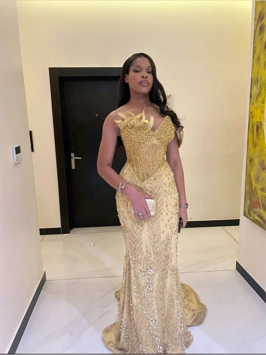 Gold Mermaid Evening Dresses, Women Elegant Long Formal Prom Dress S6823