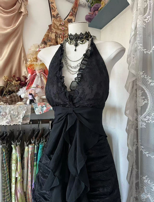 Black Halter V Neck Long Prom Dress Long Evening Gowns