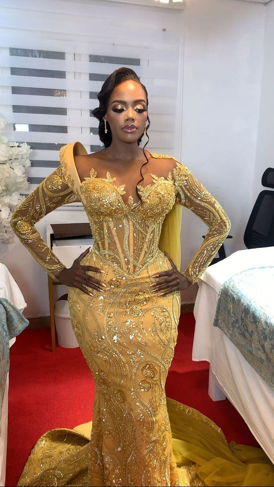 Yellow Meramid Sparkly Evening Dress Long Prom Dress S6795