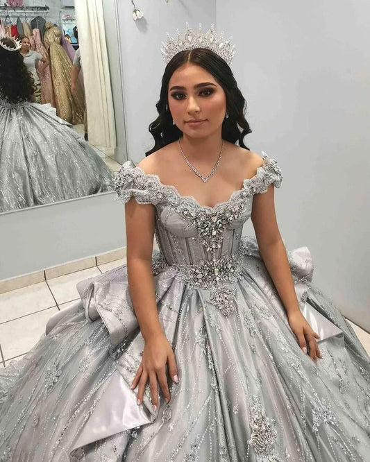 Silver Off Shoulder Crystal Quinceanera Dresses Birthday Party Ball Gown S6782