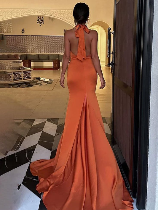 Halter Sleeveless Satin Pleated Mermaid Prom Dress with Train S6824