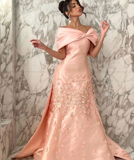 Blush Pink Luxury Arabic Evening Dresses Off The Shoulder Satin Beadings Prom Dress S6814