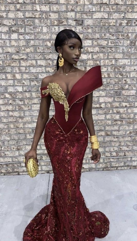 Burgundy African mermaid wedding dress, engagement dress, mermaid prom dress S6803
