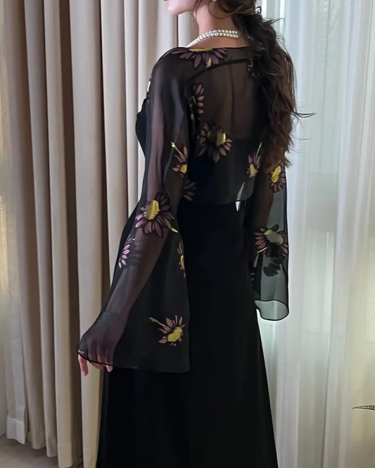Saudi Arabia Evening Dresses for Women Black Prom Dresses Long Sleeve Chiffon Jackets Wedding Guest Dress S6308