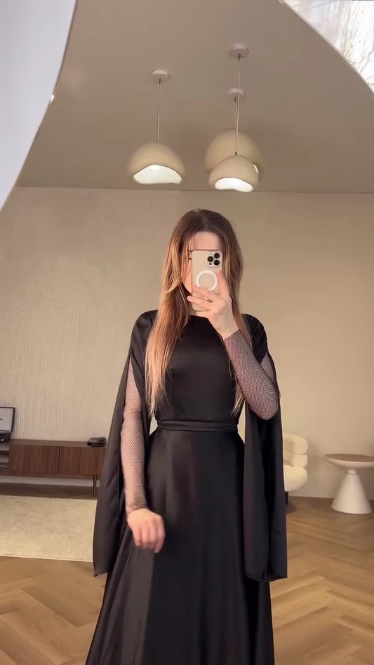 Fashion Elegant Black Long Sleeve Dress A-line Evening Prom Dress S6758