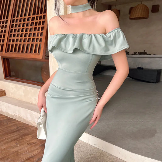 Off-Shoulder Ruffled Midi Mermaid Dress S6739