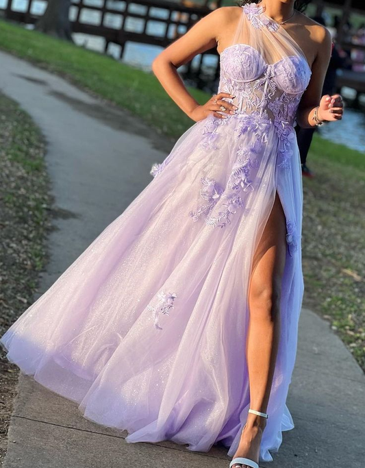 Dreamy Lavender Sheer Mesh One Shoulder Long Prom Gown