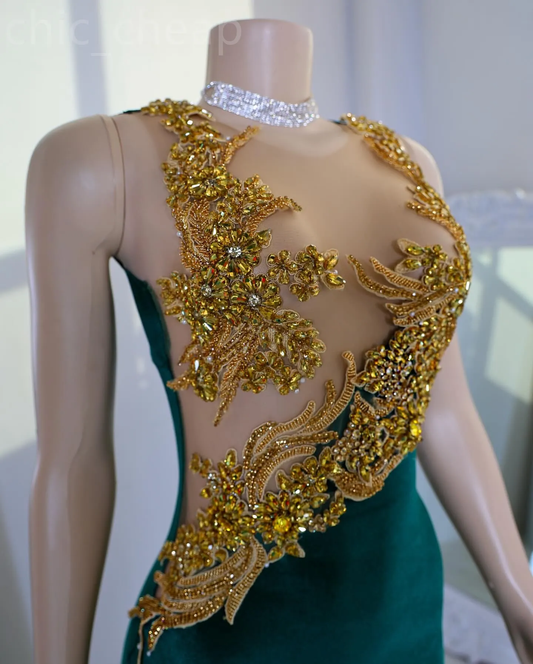Beaded Crystals Dark Green Velvet Mermaid Prom Dress for Special Occasions S6597