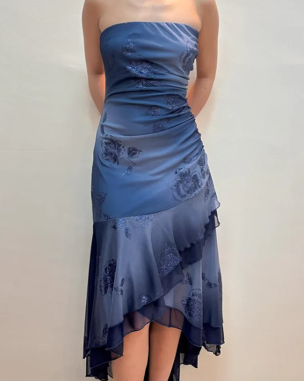 Vintage Navy Strapless Ruffles Chiffon Long Party Dress Evening Gown S6729