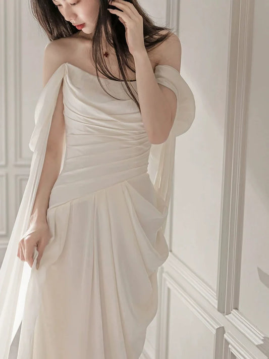 White long evening gown off shoulder birthday party dress S6833