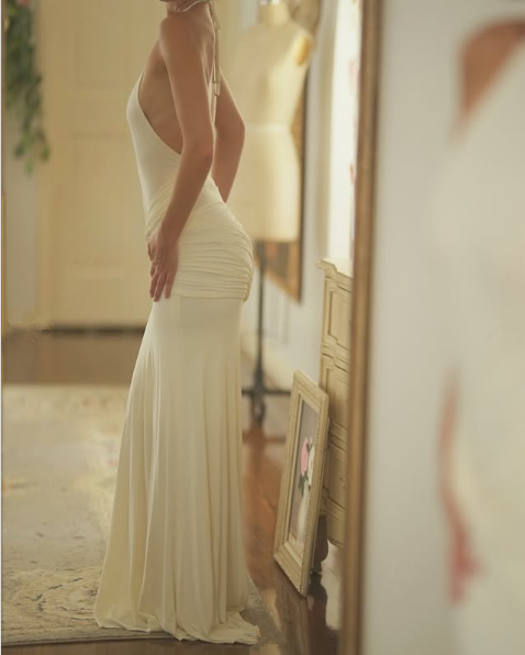 Open Back Halter Neck White Party Prom Dresses Long Evening Dress S6596