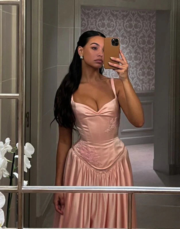Pink Retro Elegant A-Line Spaghetti Straps Satin Long Evening Dress Birthday Party Dress Bridesmaid Dress S6815