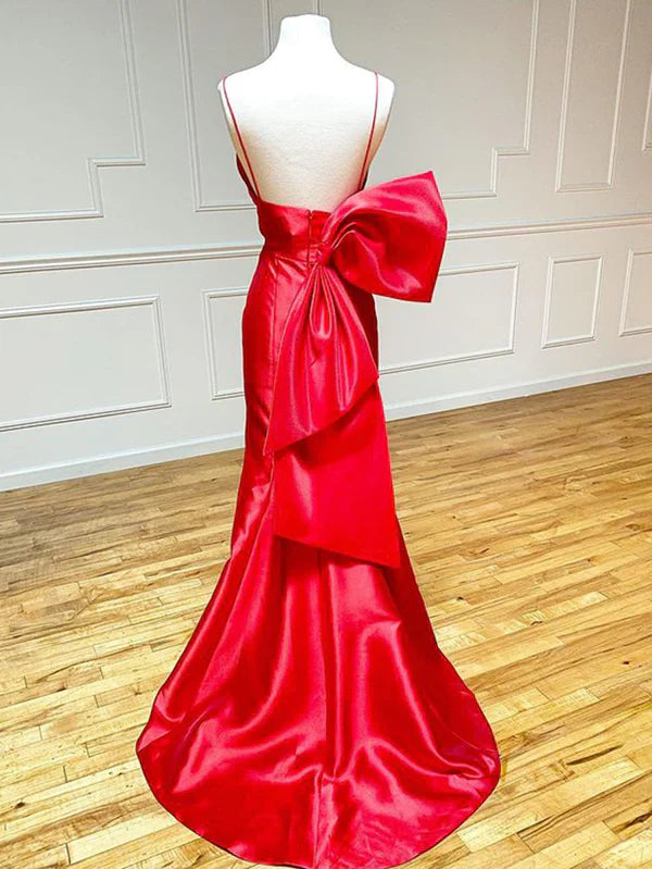 omberprom Fashion Red Evening Dress Satin Mermaid V Neck Long Prom Dress With Bow Tie