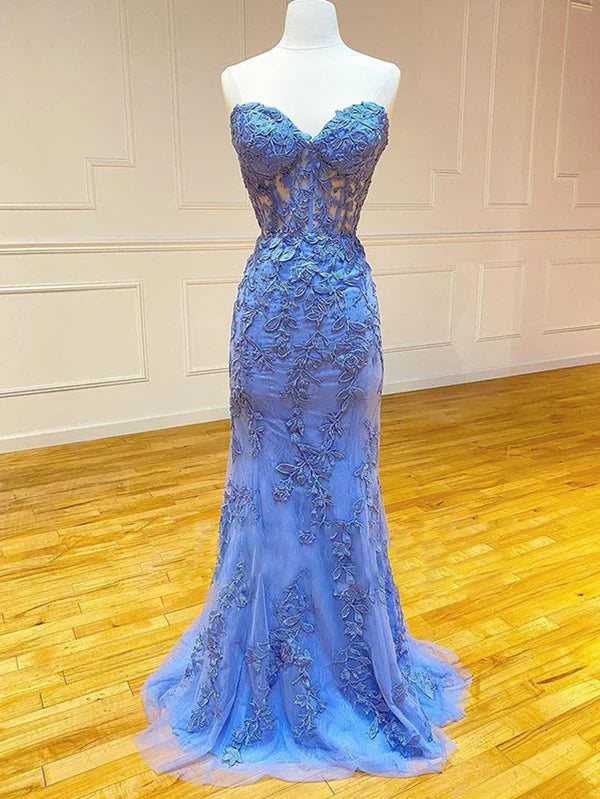 omberprom Elegant Mermaid Evening Dress Strapless Lace Prom Dress With Appliques