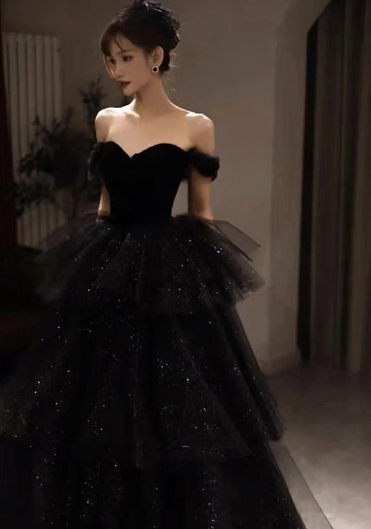 Off-Shoulder Dress, Elegant Black Evening Gown for Prom or Wedding S6416