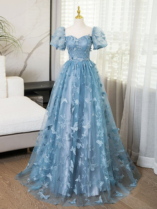 Blue Short Sleeves Long Party Dress With Butterfly Lace, Blue Prom Dress S6261