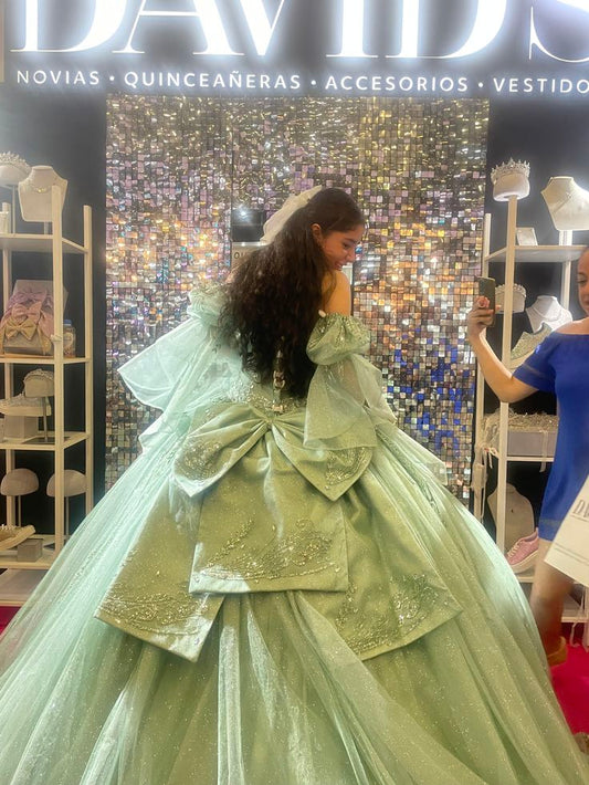 Sparkly Quinceanera Dresses Off The Shoulder Green Ball Gown Dress S6425