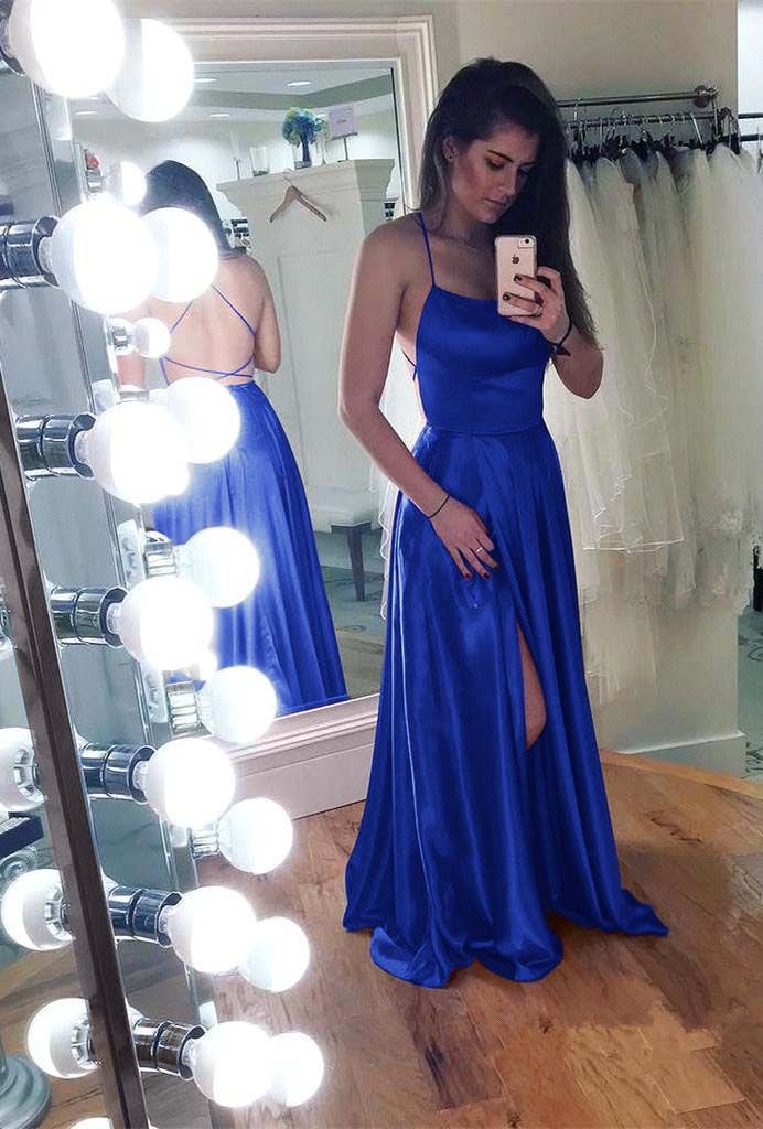 Spaghetti Straps Backless Sleeveless A Line Long Prom Dress With Front Split S6274
