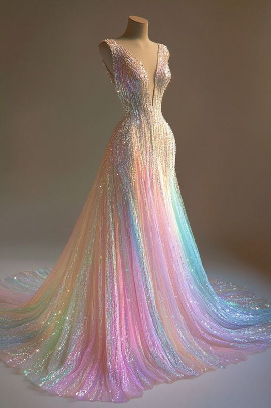Colorful Unique Party Prom Dresses Sexy V Neck Long Evening Dress S6604