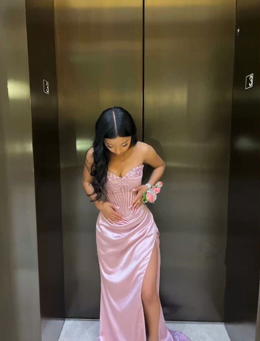 Elegant Sheath Sweetheart Sequin Pink Satin Slit Prom Dresses Evening Dress S6568
