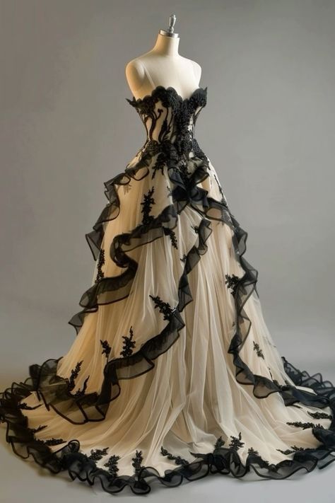 Vintage Ball Gown Sweetheart Black Tulle Prom Dresses Long Ruffles Evening Dress S6363