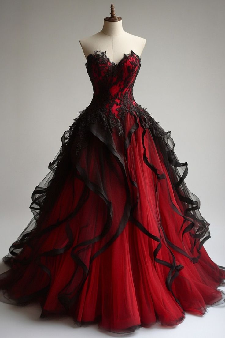 Red and Black Lace Applique Strapless Ball Gown Organza Sweet 16 Dresses S6395