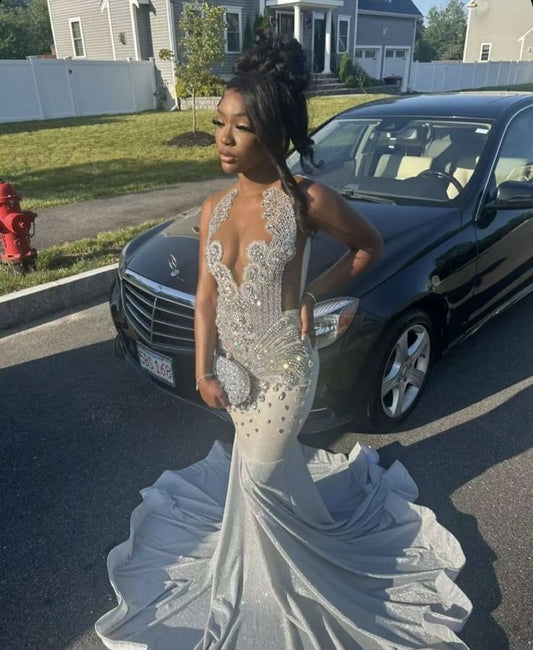 Sexy Mermaid Luxury Beaded Black Girl Silver Gray Prom Party Formal Gowns S6417