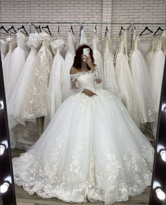 Off the Shoulder Long Sleeve Prom Dress Illusion Wedding Dress S6499