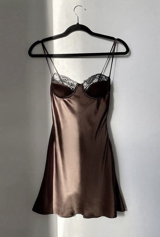 luxury chocolate satin short party dress S6189