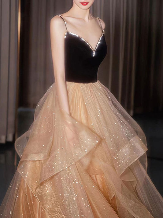 Champagne tulle long prom dress, champagne evening dress S5968