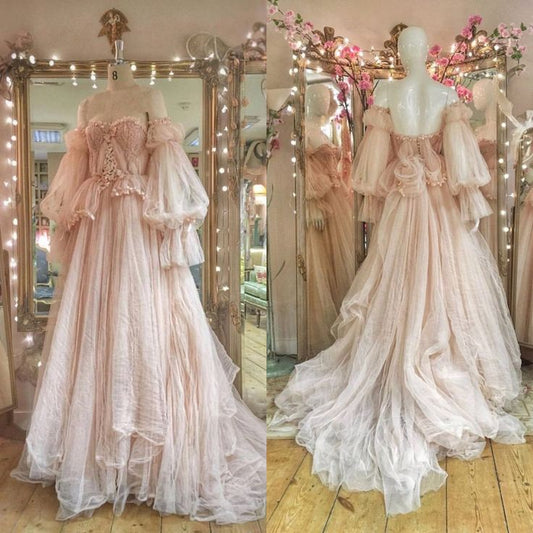 Princess Pink tulle Ruffles Long Prom Dress,Wedding Gown with Bubble Sleeves S6354
