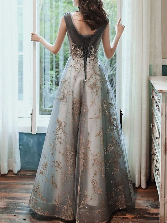 Prom Dress A Line Sleeveless Floor Length Jewel Neck Lace Appliqued Formal Occasion Dresses S5966