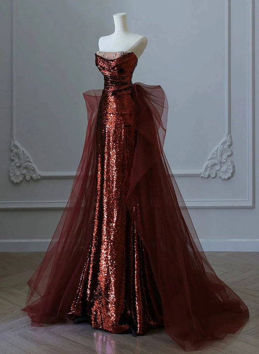 Glam Wine Red Sequins And Tulle Long Party Dress, Wine Red Evening Dress Prom Dress S6443