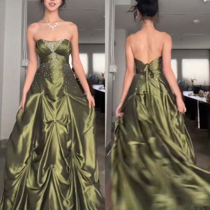 Pretty Ball Gown Strapless Green Satin Long Prom Dresses With Silver Beads S5624