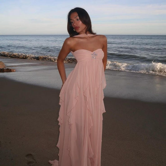 Sexy Pink Chiffon Long Prom Dress Birthday Outfits With Ruffles S6167