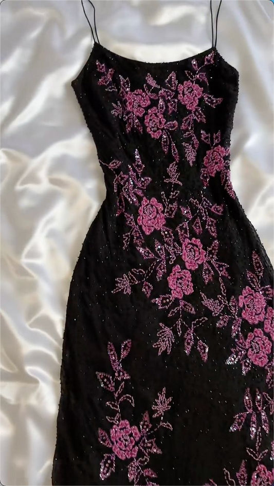 Vintage A line Straps Black Prom Dresses Birthday Party Dress S6445