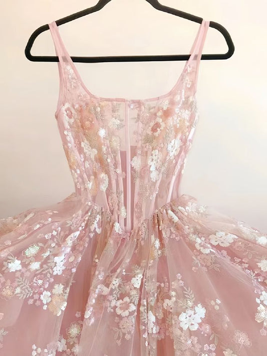 Pink Square Neck A Line Floral Prom Dress S6506