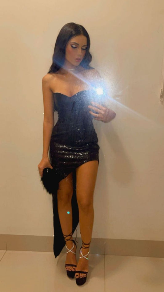 Sweetheart Black Sequins High Slit Evening Prom Dresses, Mermaid Strapless Prom Dress S6254