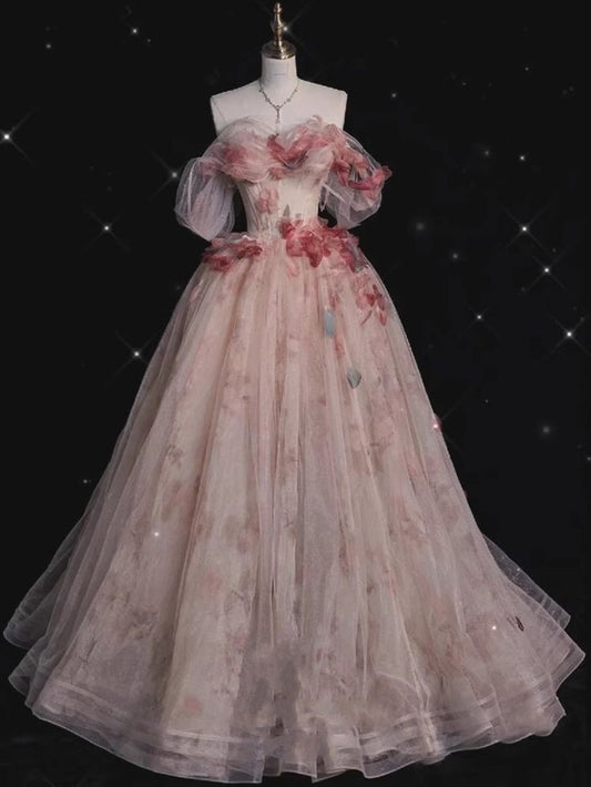 Pink Appliques Prom Dresses Ball Gown Off-The-Shoulder Floor-Length Long Prom Formal Dresses S6383