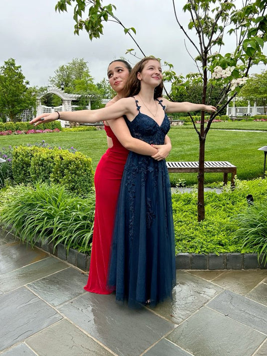 A Line Navy Tulle Lace Party Prom Dresses Long Evening Dress S6579
