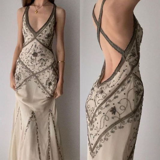 Mermaid V Neck Prom Long Dress Beaded Evening Dress S5893